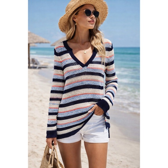 Tommy Hilfiger Sweaters - Tommy Hilfiger Striped Open Knit Cotton Sweater‎ Size S Nautical Coastal Preppy